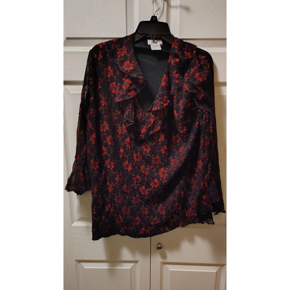 Worthington Woman Plus Size Black & Red Floral Lace Blouse 2X